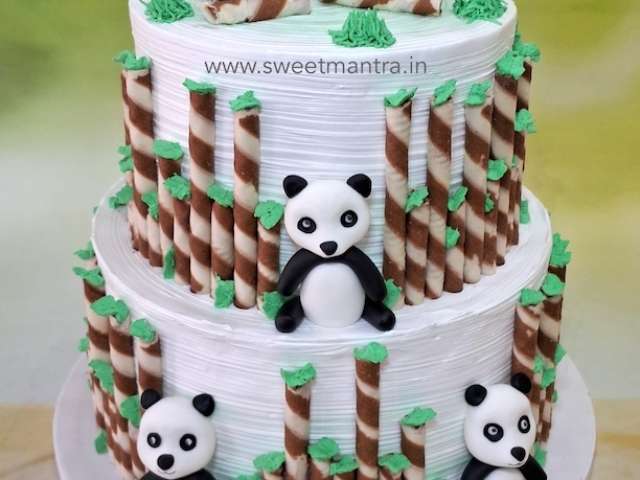 Panda theme 2 layer cake in whipped cream